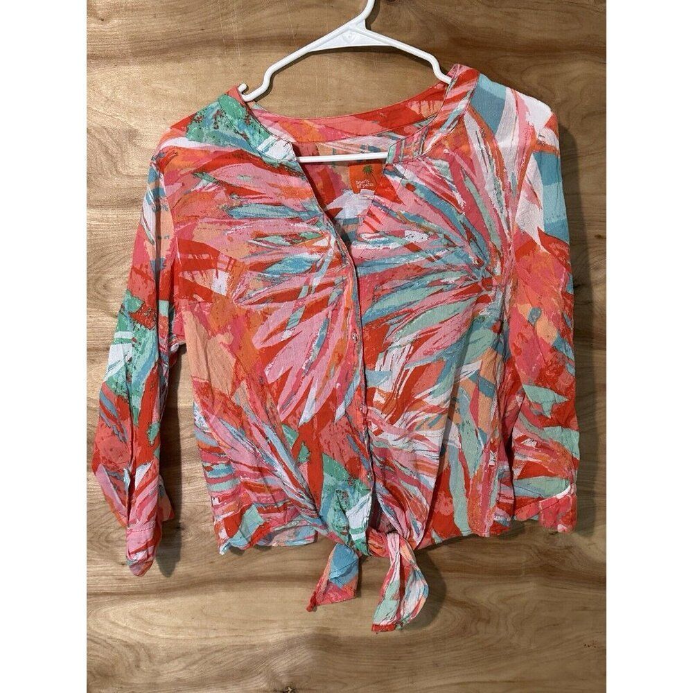 HEARTS OF PALM Sz 12  V Neck Crop Tie Waist Floral Tropical Leaves Blouse Shirt
